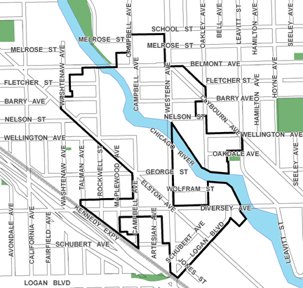 Addison Corridor South TIF district, roughly bounded on the north by School Street, the Kennedy Expressway at Logan Boulevard on the south, Leavitt Street on the east, and Washtenaw Avenue on the west.